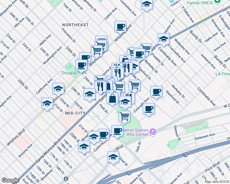 map of restaurants, bars, coffee shops, grocery stores, and more near 1415 26th Street in Santa Monica