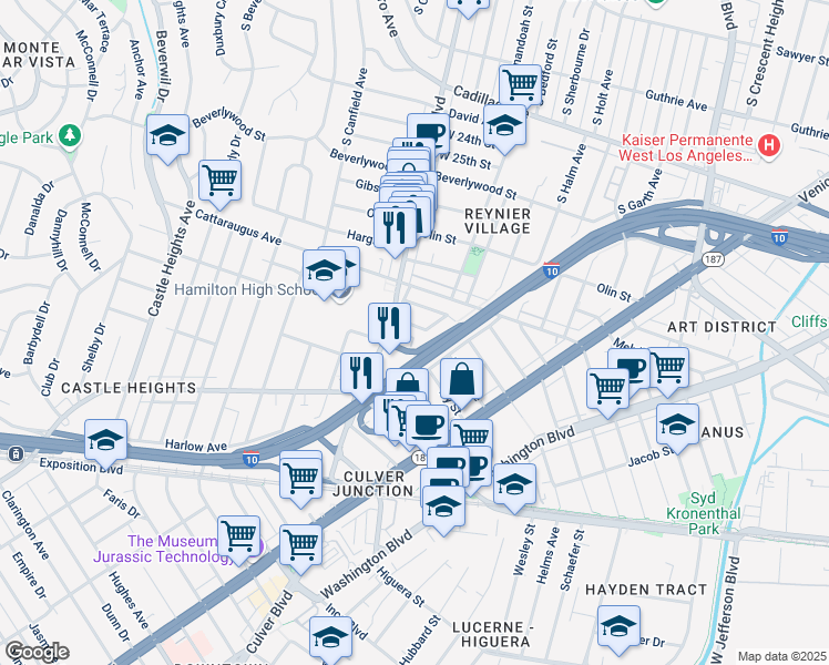 map of restaurants, bars, coffee shops, grocery stores, and more near 8954 Kramerwood Place in Los Angeles
