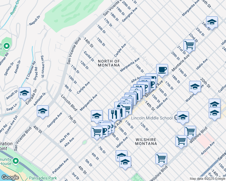 map of restaurants, bars, coffee shops, grocery stores, and more near 515 12th Street in Santa Monica