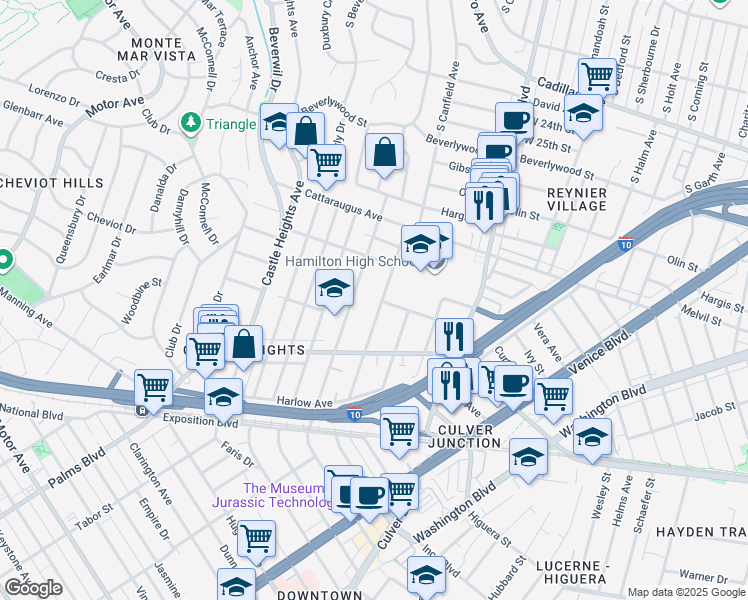 map of restaurants, bars, coffee shops, grocery stores, and more near 3038 Bagley Avenue in Los Angeles