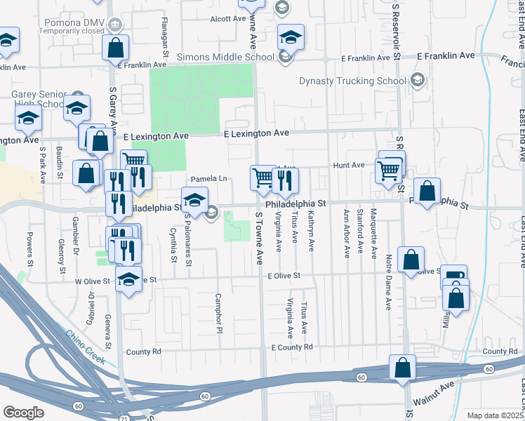 map of restaurants, bars, coffee shops, grocery stores, and more near 804 Philadelphia Street in Pomona