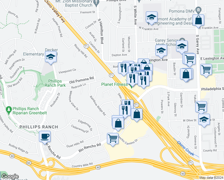 map of restaurants, bars, coffee shops, grocery stores, and more near 4 Navajo Trail Lane in Pomona