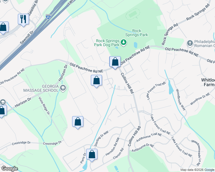 map of restaurants, bars, coffee shops, grocery stores, and more near 274 Autry Mill Lane in Suwanee
