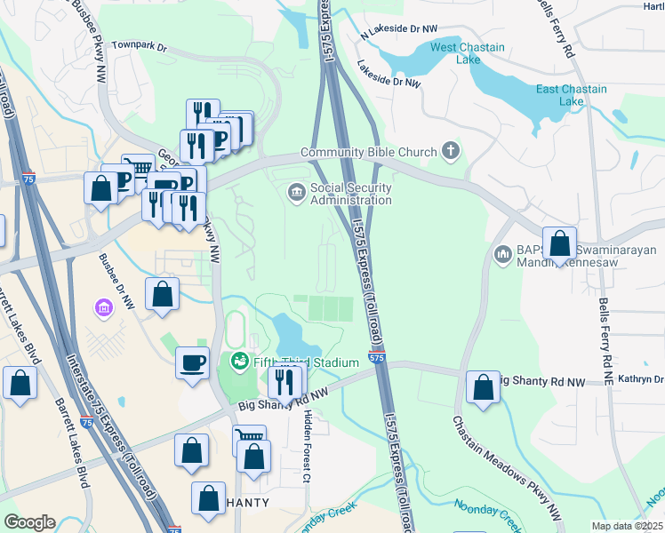 map of restaurants, bars, coffee shops, grocery stores, and more near 3336 Chastain Gardens Drive Northwest in Kennesaw