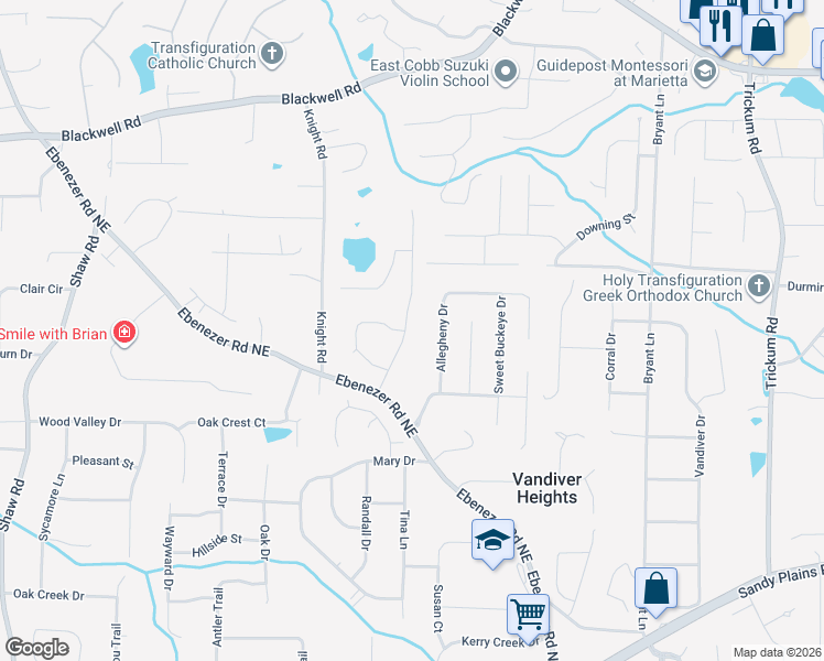 map of restaurants, bars, coffee shops, grocery stores, and more near 3338 Ebenezer Farm Road Northeast in Marietta