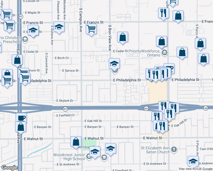 map of restaurants, bars, coffee shops, grocery stores, and more near 2215 South Hope Place in Ontario