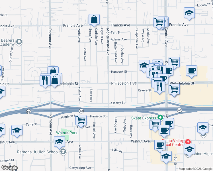 map of restaurants, bars, coffee shops, grocery stores, and more near 4887 Philadelphia Street in Chino