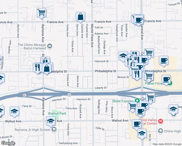 map of restaurants, bars, coffee shops, grocery stores, and more near 4887 Philadelphia Street in Chino