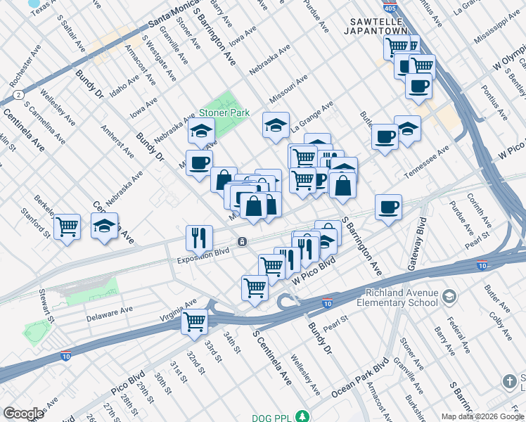map of restaurants, bars, coffee shops, grocery stores, and more near 11835 West Olympic Boulevard in Los Angeles