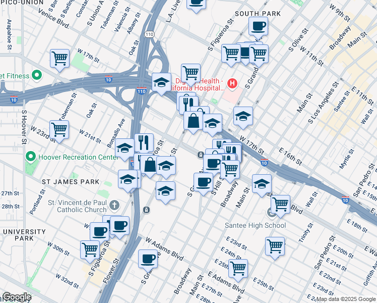 map of restaurants, bars, coffee shops, grocery stores, and more near 400 West Washington Boulevard in Los Angeles