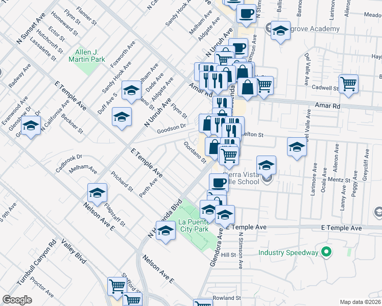 map of restaurants, bars, coffee shops, grocery stores, and more near 15416 Giordano Street in La Puente