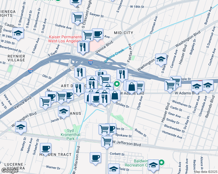 map of restaurants, bars, coffee shops, grocery stores, and more near 5835 Dauphin Ave. in Culver City