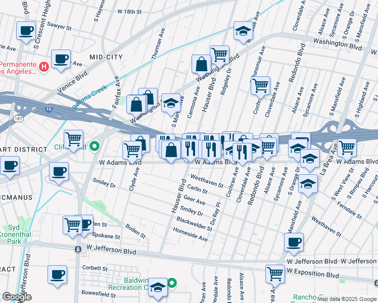 map of restaurants, bars, coffee shops, grocery stores, and more near 2535 Hauser Boulevard in Los Angeles