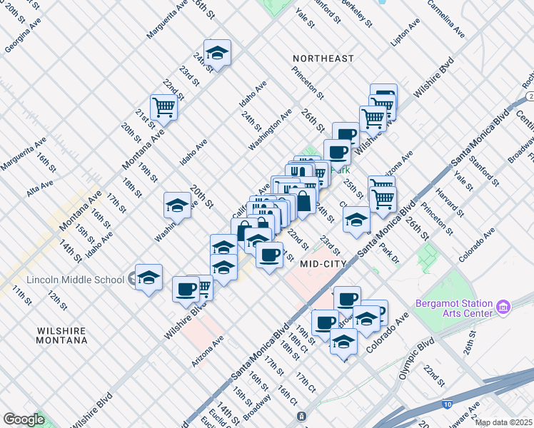 map of restaurants, bars, coffee shops, grocery stores, and more near 1130 22nd Street in Santa Monica