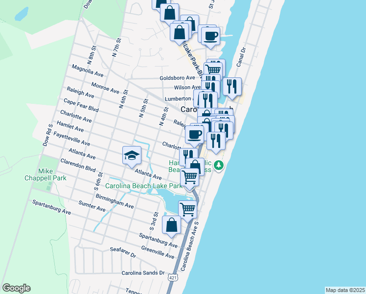 map of restaurants, bars, coffee shops, grocery stores, and more near 8 South Third Street in Carolina Beach