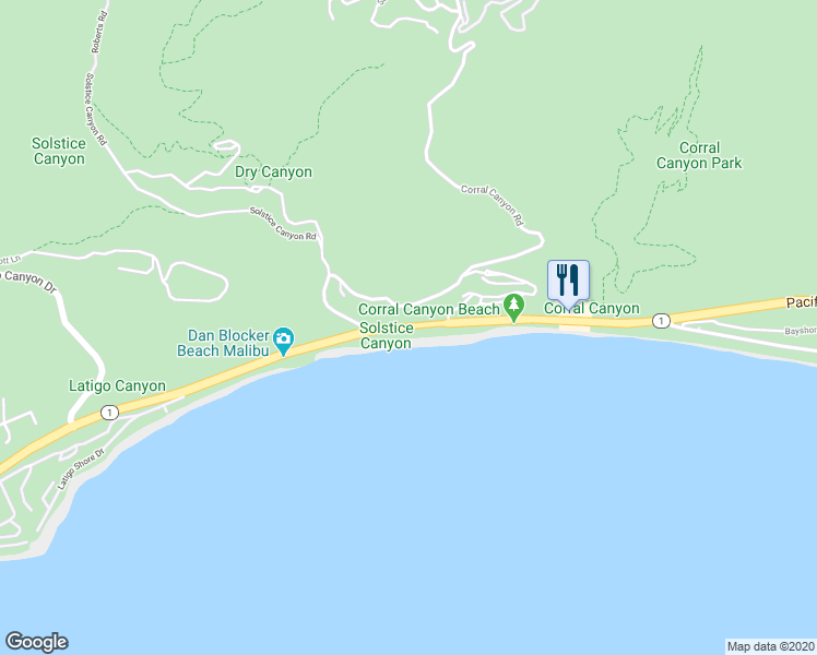 map of restaurants, bars, coffee shops, grocery stores, and more near 26050 California 1 in Malibu