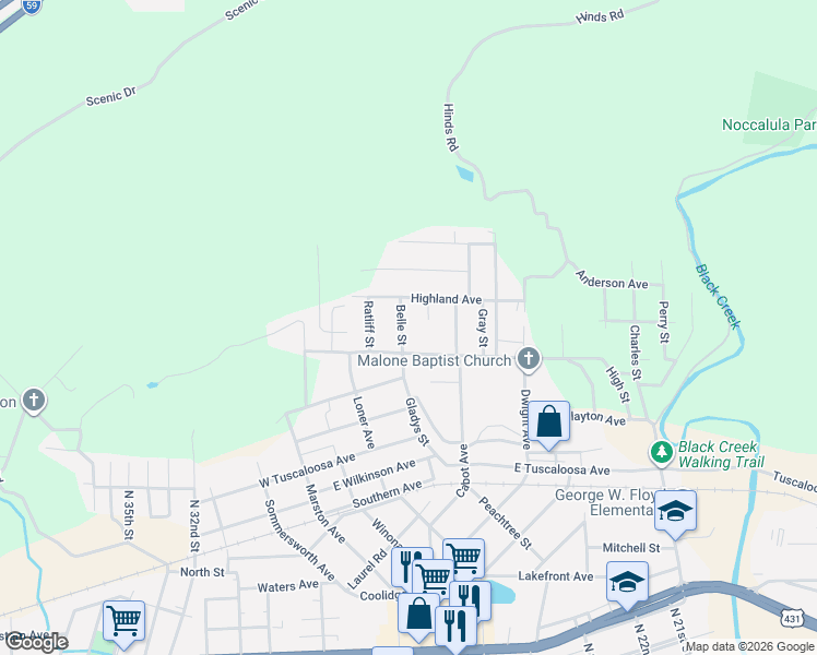 map of restaurants, bars, coffee shops, grocery stores, and more near 1216 Barkley Street in Gadsden