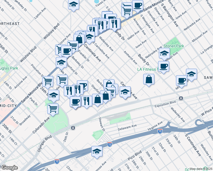 map of restaurants, bars, coffee shops, grocery stores, and more near 1708 Franklin Street in Santa Monica