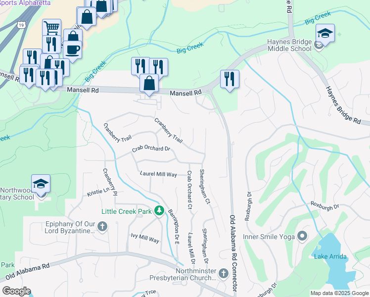 map of restaurants, bars, coffee shops, grocery stores, and more near 640 Cranberry Trail in Roswell