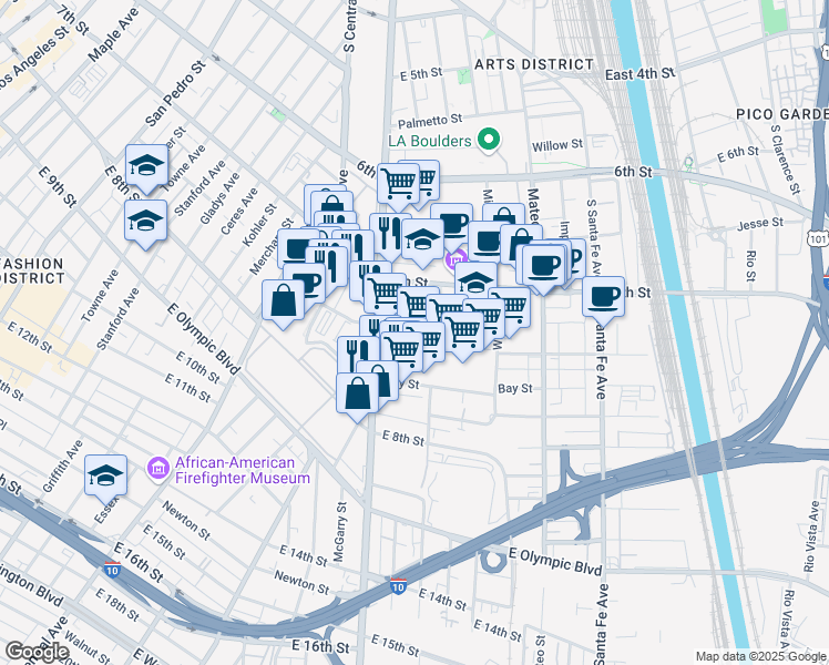 map of restaurants, bars, coffee shops, grocery stores, and more near 734 East 7th Place in Los Angeles