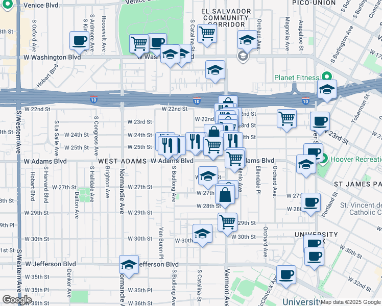 map of restaurants, bars, coffee shops, grocery stores, and more near 2501 South Catalina Street in Los Angeles