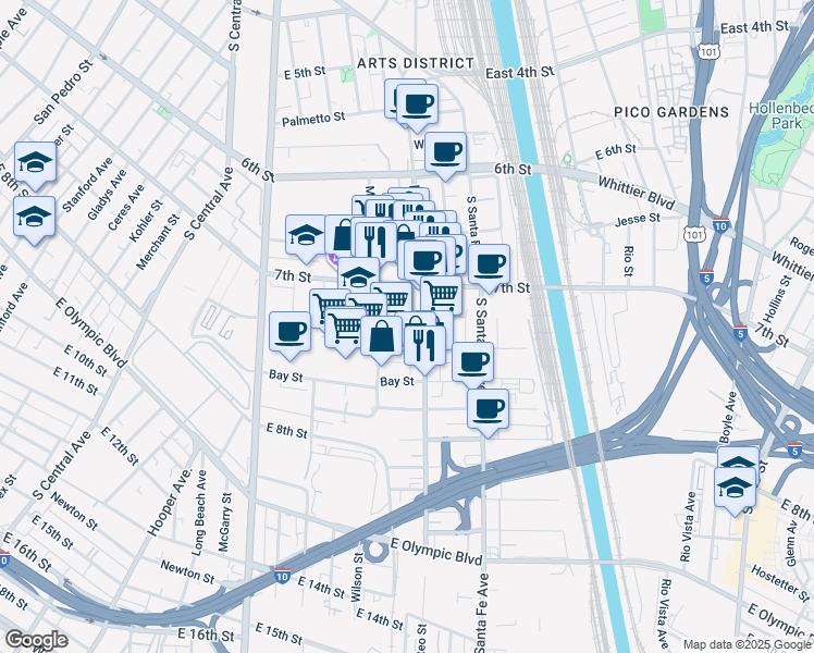 map of restaurants, bars, coffee shops, grocery stores, and more near 1926 East 7th Place in Los Angeles