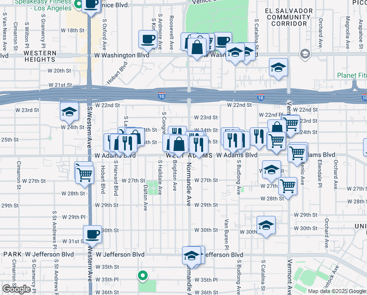 map of restaurants, bars, coffee shops, grocery stores, and more near 1729 West Adams Boulevard in Los Angeles
