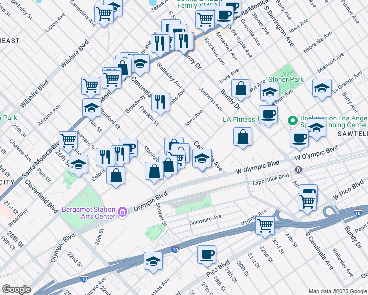 map of restaurants, bars, coffee shops, grocery stores, and more near 1735 Franklin Street in Santa Monica