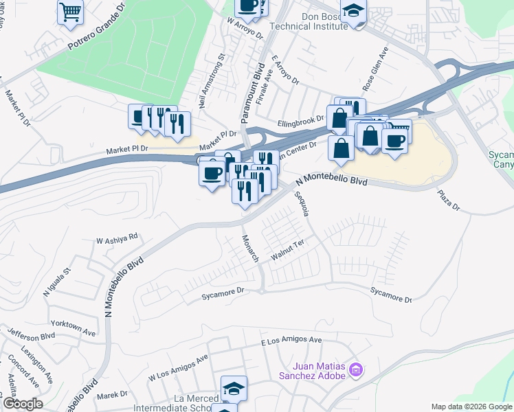map of restaurants, bars, coffee shops, grocery stores, and more near 1478 North Montebello Boulevard in Montebello
