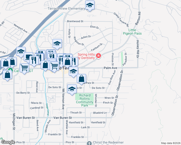 map of restaurants, bars, coffee shops, grocery stores, and more near 22673 Palm Avenue in Grand Terrace
