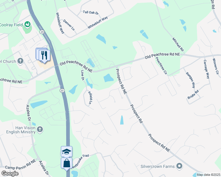 map of restaurants, bars, coffee shops, grocery stores, and more near 1145 Prospect Mill Drive in Lawrenceville