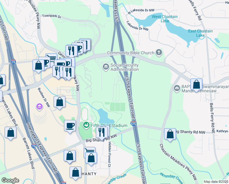 map of restaurants, bars, coffee shops, grocery stores, and more near 3331 Chastain Gardens Drive Northwest in Kennesaw