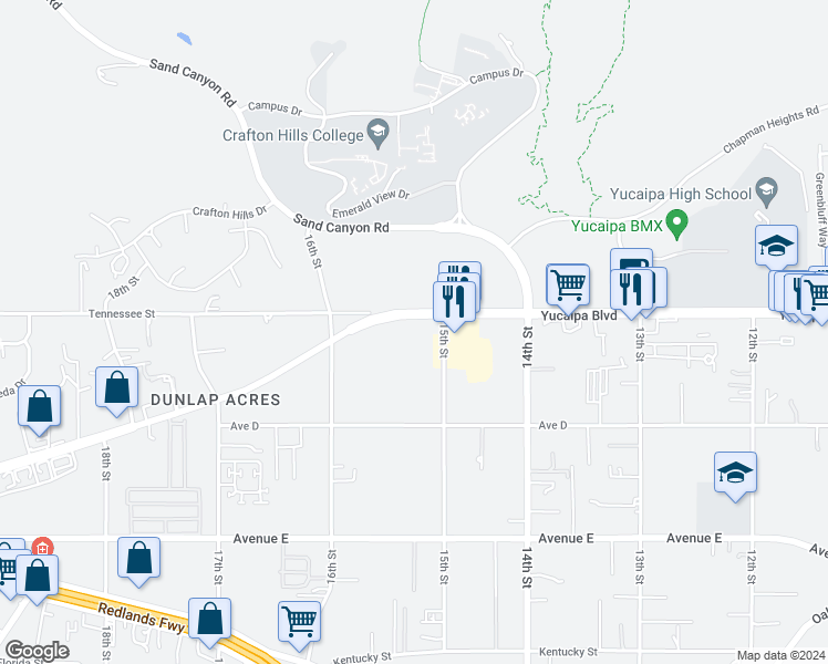 map of restaurants, bars, coffee shops, grocery stores, and more near 32237 Yucaipa Boulevard in Yucaipa