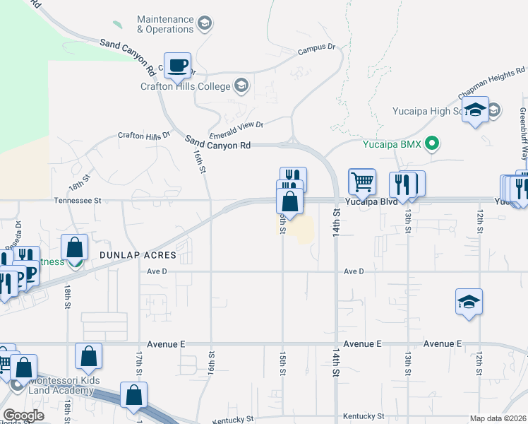map of restaurants, bars, coffee shops, grocery stores, and more near 32237 Yucaipa Boulevard in Yucaipa
