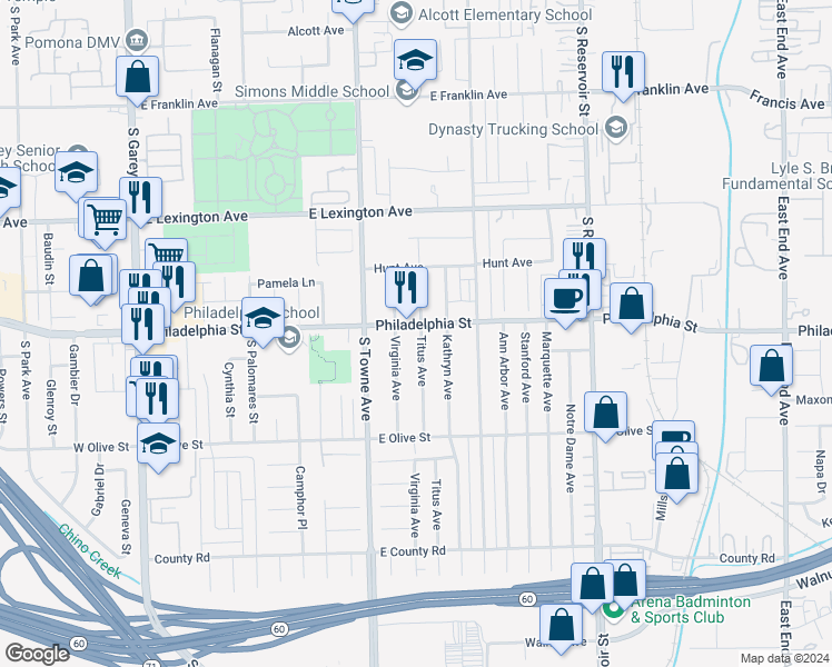 map of restaurants, bars, coffee shops, grocery stores, and more near 894 Philadelphia Street in Pomona