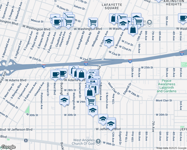 map of restaurants, bars, coffee shops, grocery stores, and more near 2535 Crenshaw Boulevard in Los Angeles