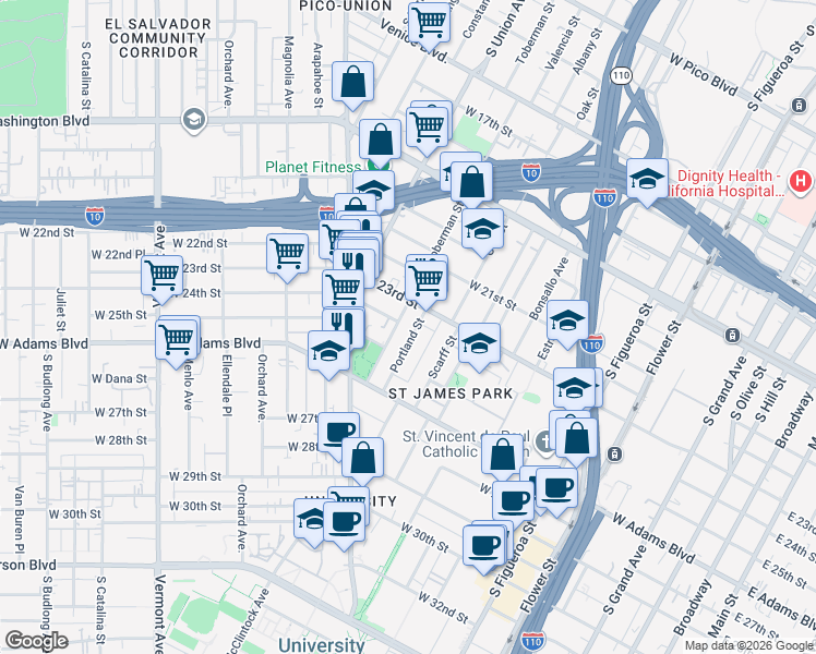 map of restaurants, bars, coffee shops, grocery stores, and more near 2325 Portland Street in Los Angeles
