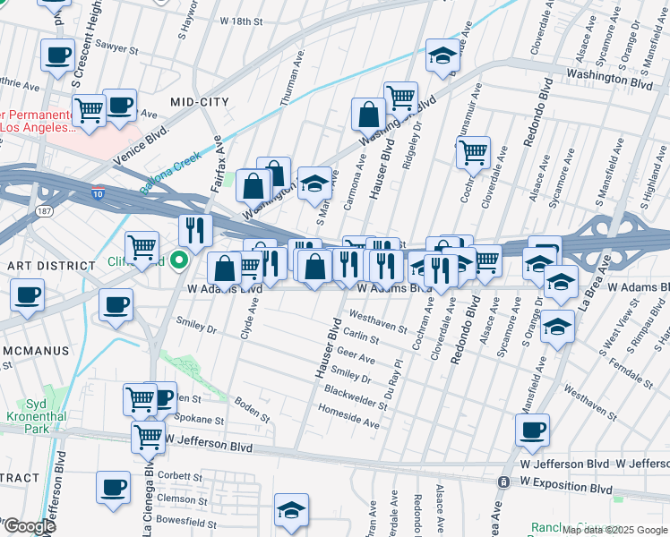 map of restaurants, bars, coffee shops, grocery stores, and more near 2531 1/2 Carmona Avenue in Los Angeles