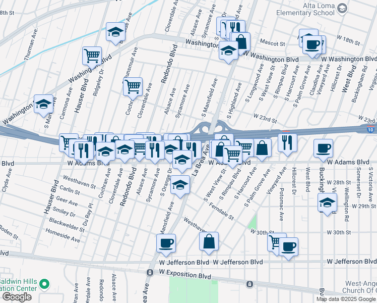 map of restaurants, bars, coffee shops, grocery stores, and more near 2541 South Mansfield Avenue in Los Angeles