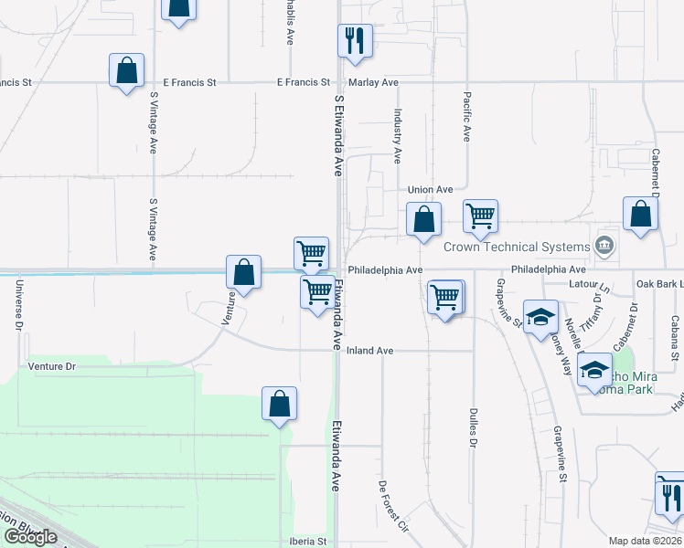 map of restaurants, bars, coffee shops, grocery stores, and more near Etiwanda Avenue in Jurupa Valley