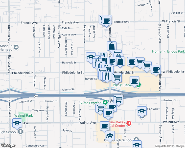 map of restaurants, bars, coffee shops, grocery stores, and more near 5151 Philadelphia Street in Chino