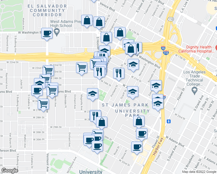 map of restaurants, bars, coffee shops, grocery stores, and more near 1004 West 24th Street in Los Angeles