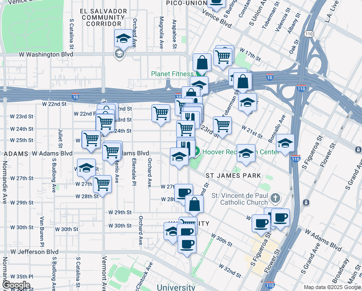 map of restaurants, bars, coffee shops, grocery stores, and more near 2501 Hoover Street in Los Angeles