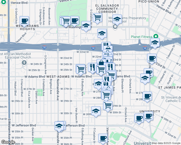 map of restaurants, bars, coffee shops, grocery stores, and more near 2501 South Catalina Street in Los Angeles