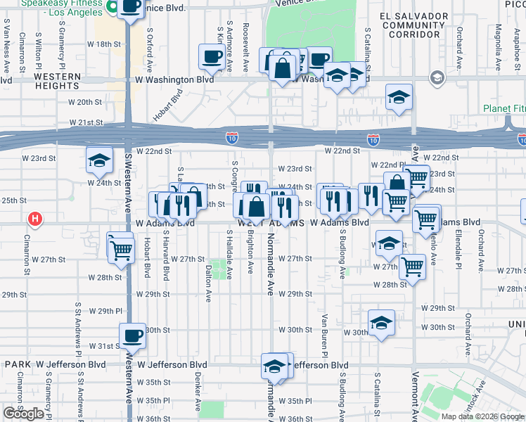 map of restaurants, bars, coffee shops, grocery stores, and more near 1702 West 25th Street in Los Angeles