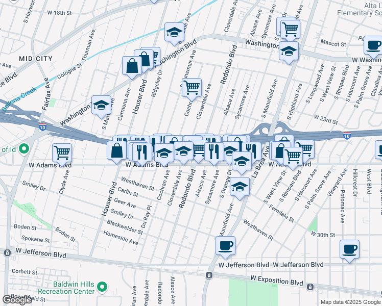 map of restaurants, bars, coffee shops, grocery stores, and more near 2515 Redondo Boulevard in Los Angeles