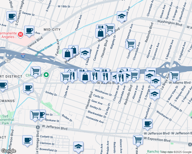 map of restaurants, bars, coffee shops, grocery stores, and more near 2520 Hauser Boulevard in Los Angeles