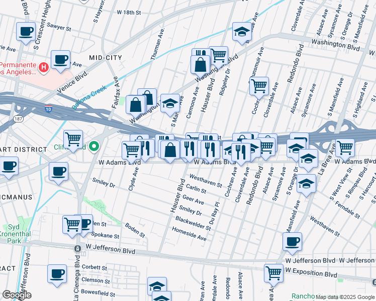 map of restaurants, bars, coffee shops, grocery stores, and more near 2520 Hauser Boulevard in Los Angeles