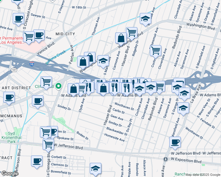 map of restaurants, bars, coffee shops, grocery stores, and more near 2531 1/2 Carmona Avenue in Los Angeles