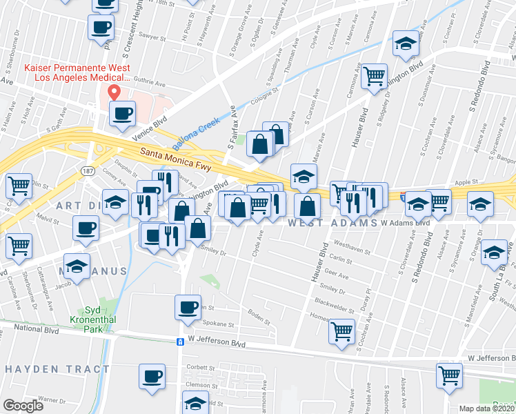 map of restaurants, bars, coffee shops, grocery stores, and more near 2539 Thurman Avenue in Los Angeles
